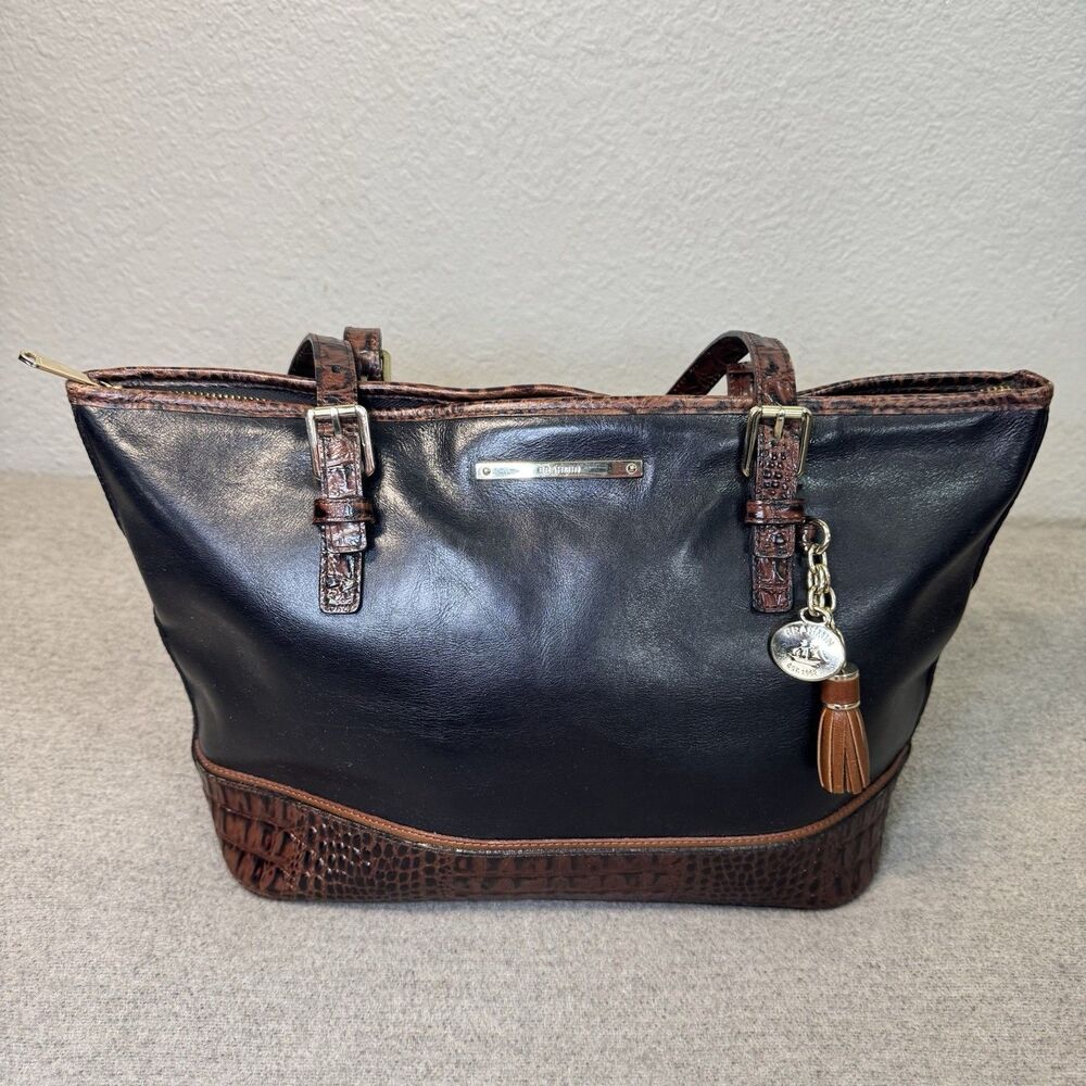 Brahmin Leather Tote Bag Black Brown Croc 13x9 Purse Charm Adjustable Straps
